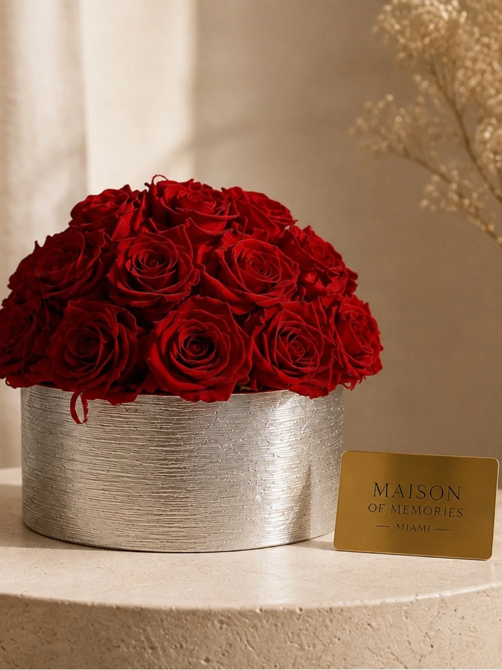 Elegant Red Rose Floral Arrangement in Silver Vase - Home Accents
